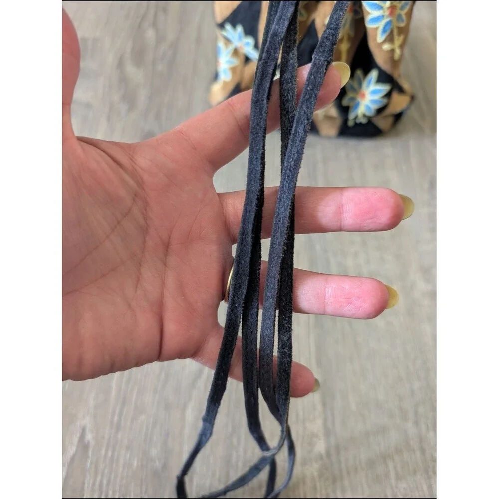 Embroidered Drawstring Suede Floral Bucket Bag - Black & Brown with Blue Flowers